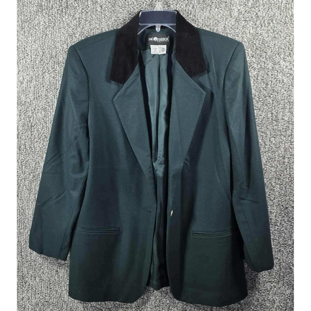 Sag Harbor‎ Petite Blazer Green Wool Velvet Collar Vintage Jacket Womens 12P